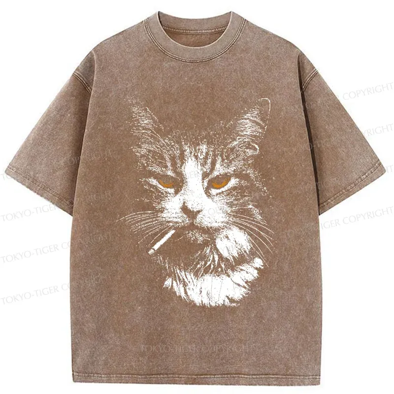 Tokyo-Tiger Handsome Cat Smoking Washed T-Shirt