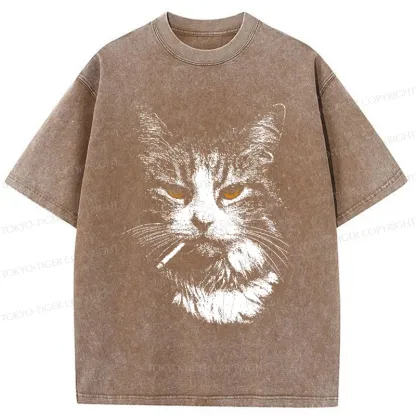Tokyo-Tiger Handsome Cat Smoking Washed T-Shirt