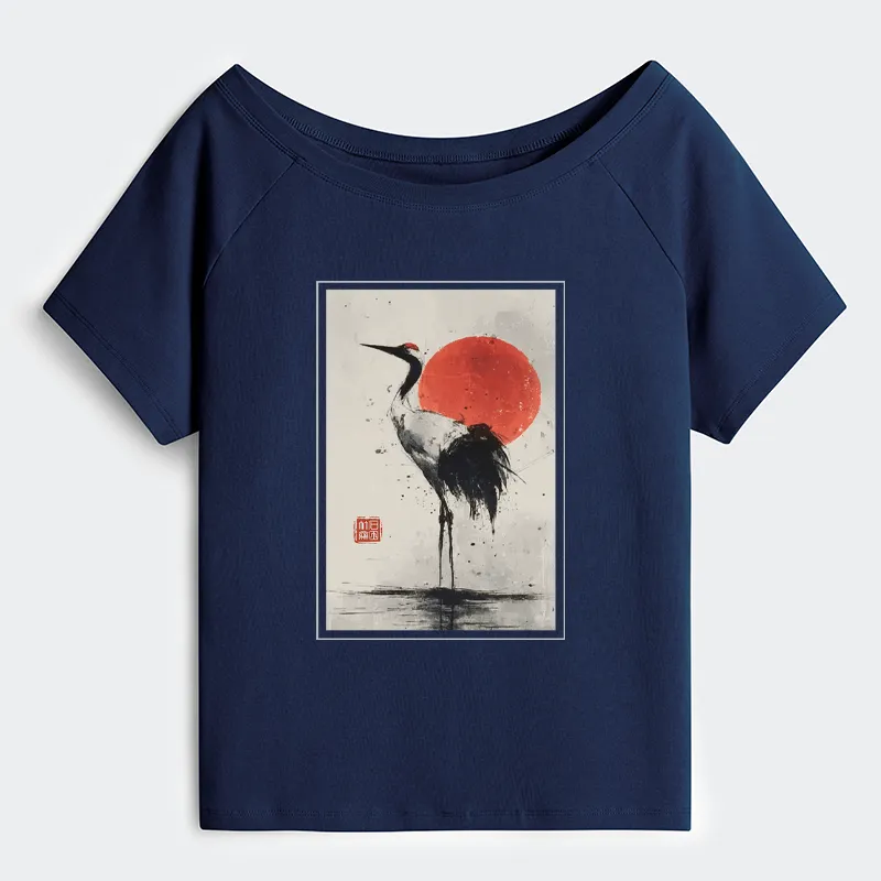 Tokyo-Tiger Retro Japanese Red-crowned Crane Off Shoulder T-Shirt