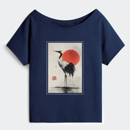 Tokyo-Tiger Retro Japanese Red-crowned Crane Off Shoulder T-Shirt