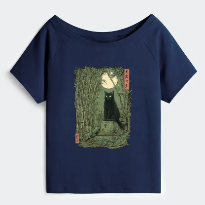 Tokyo-Tiger Black Cat In The Bamboo Forest Off Shoulder T-Shirt