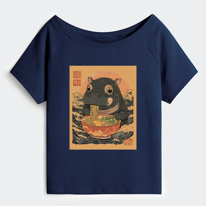 Tokyo-Tiger Moo Deng Eat Ramen Off Shoulder T-Shirt