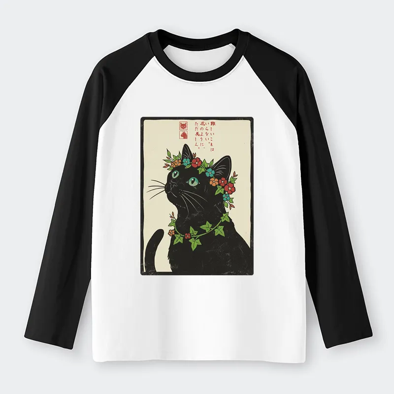 Tokyo-Tiger The Flower-Crowned Cat Raglan Long Sleeve T-shirt