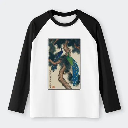 Tokyo-Tiger Peacocks In Snowy Pines Raglan Long Sleeve T-shirt