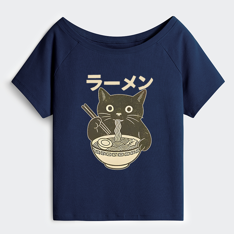 Tokyo-Tiger Simple Black Cat Eating Ramen Off Shoulder T-Shirt