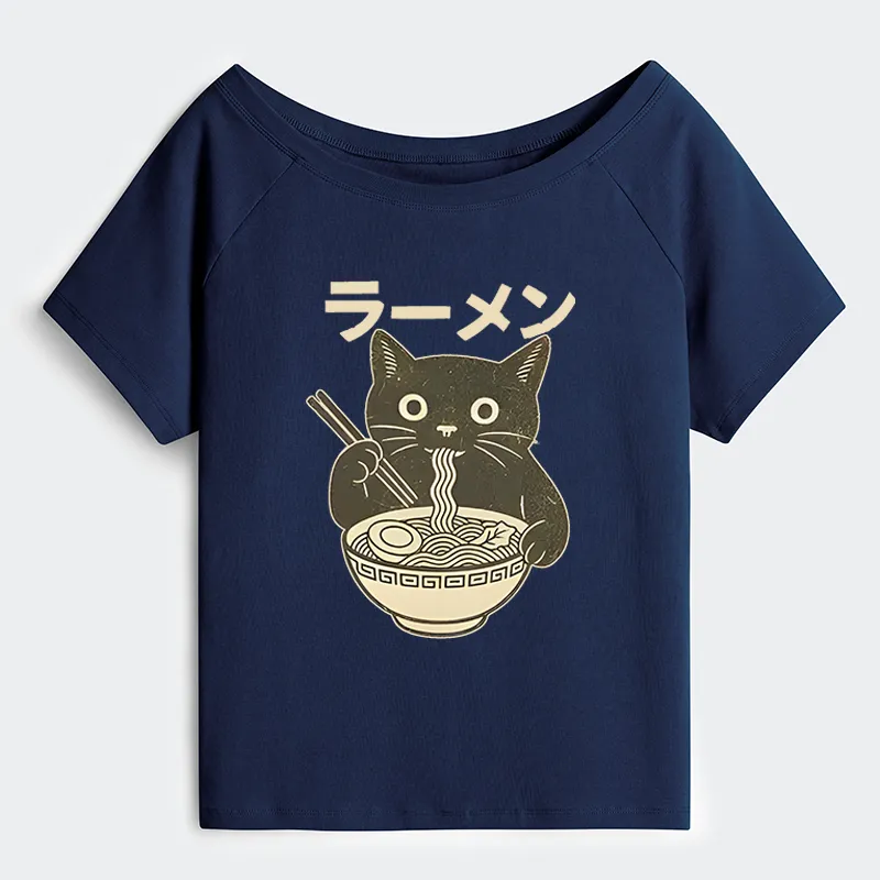 Tokyo-Tiger Simple Black Cat Eating Ramen Off Shoulder T-Shirt