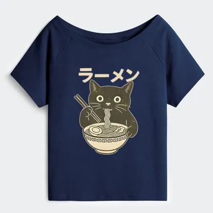 Tokyo-Tiger Simple Black Cat Eating Ramen Off Shoulder T-Shirt