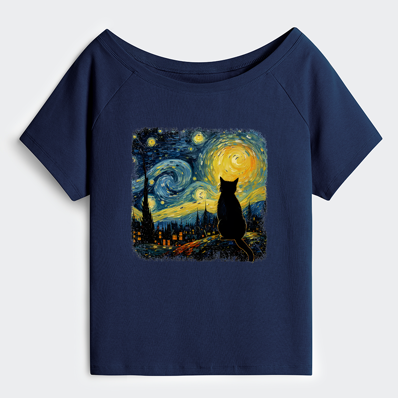 Tokyo-Tiger The Starry Night Cat Off Shoulder T-Shirt