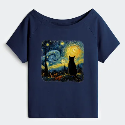 Tokyo-Tiger The Starry Night Cat Off Shoulder T-Shirt