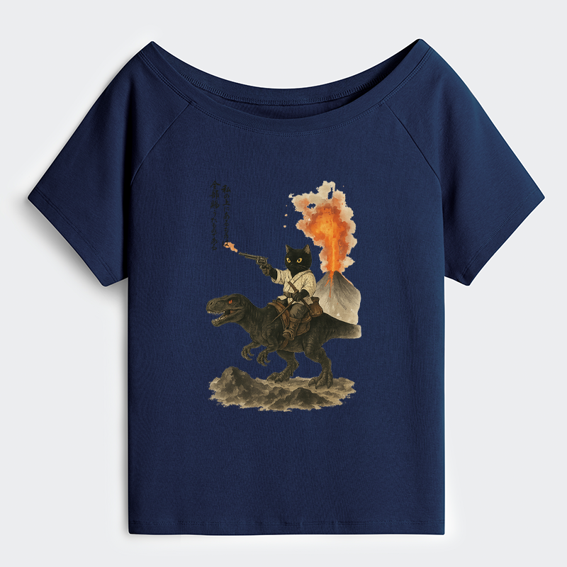 Tokyo-Tiger Cat Riding A Dinosaur Off Shoulder T-Shirt