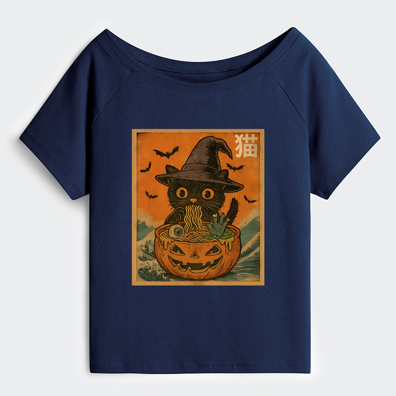 Tokyo-Tiger Halloween Cat Eating Ramen Off Shoulder T-Shirt