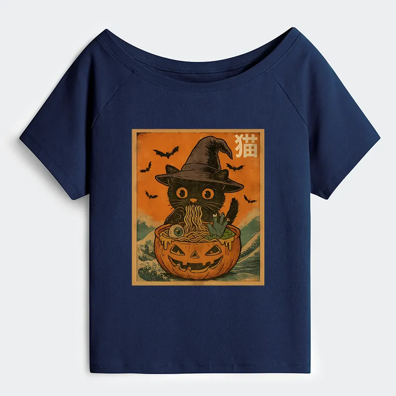 Tokyo-Tiger Halloween Cat Eating Ramen Off Shoulder T-Shirt