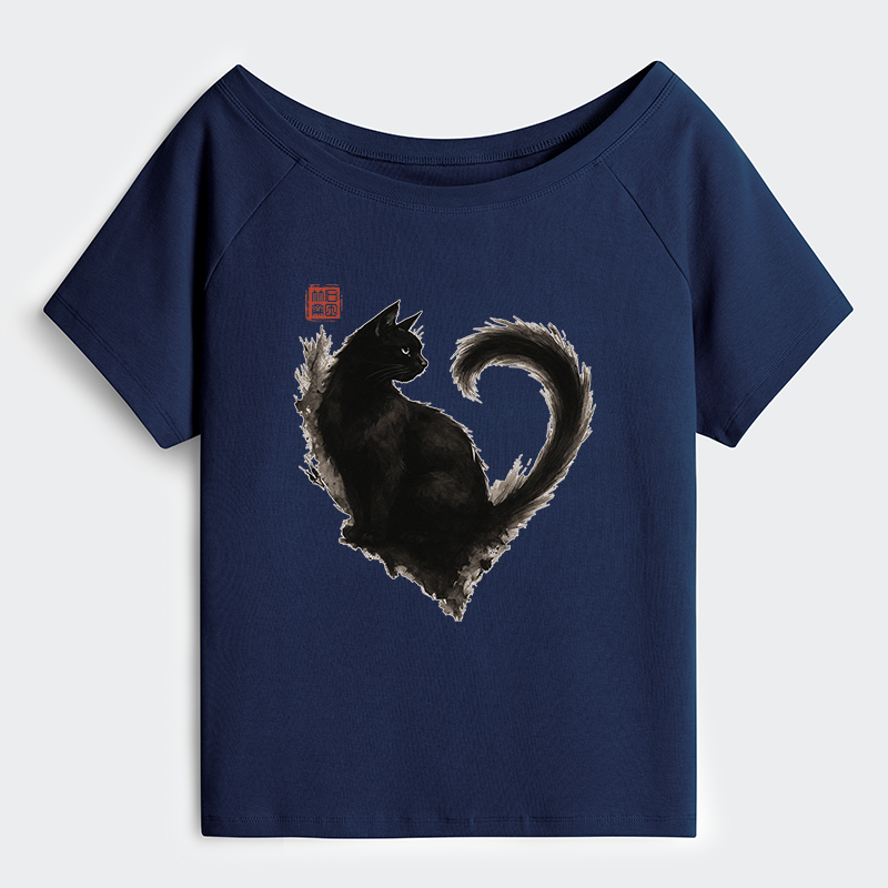 Tokyo-Tiger Funny Heart-Shaped Ink Off Shoulder T-Shirt