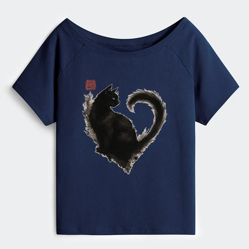 Tokyo-Tiger Funny Heart-Shaped Ink Off Shoulder T-Shirt