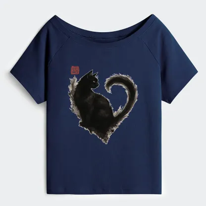 Tokyo-Tiger Funny Heart-Shaped Ink Off Shoulder T-Shirt