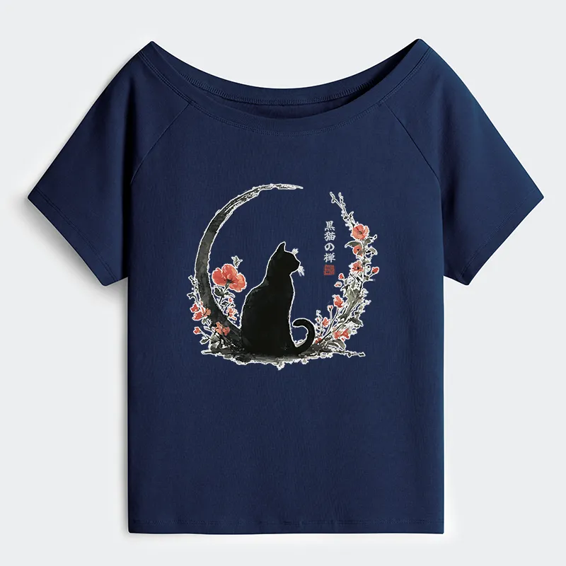 okyo-Tiger Black Cat And Flowers Off Shoulder T-Shirt