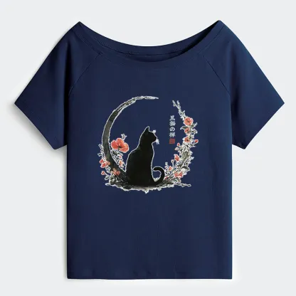 okyo-Tiger Black Cat And Flowers Off Shoulder T-Shirt