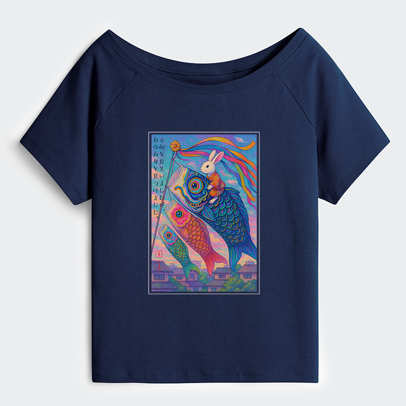 Tokyo-Tiger Ukiyoe Rabbit Ride Carp Streamer Poster Off Shoulder T-Shirt