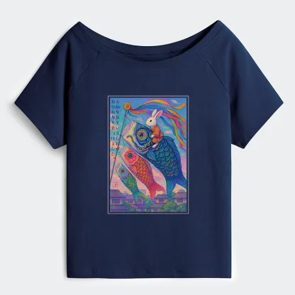 Tokyo-Tiger Ukiyoe Rabbit Ride Carp Streamer Poster Off Shoulder T-Shirt