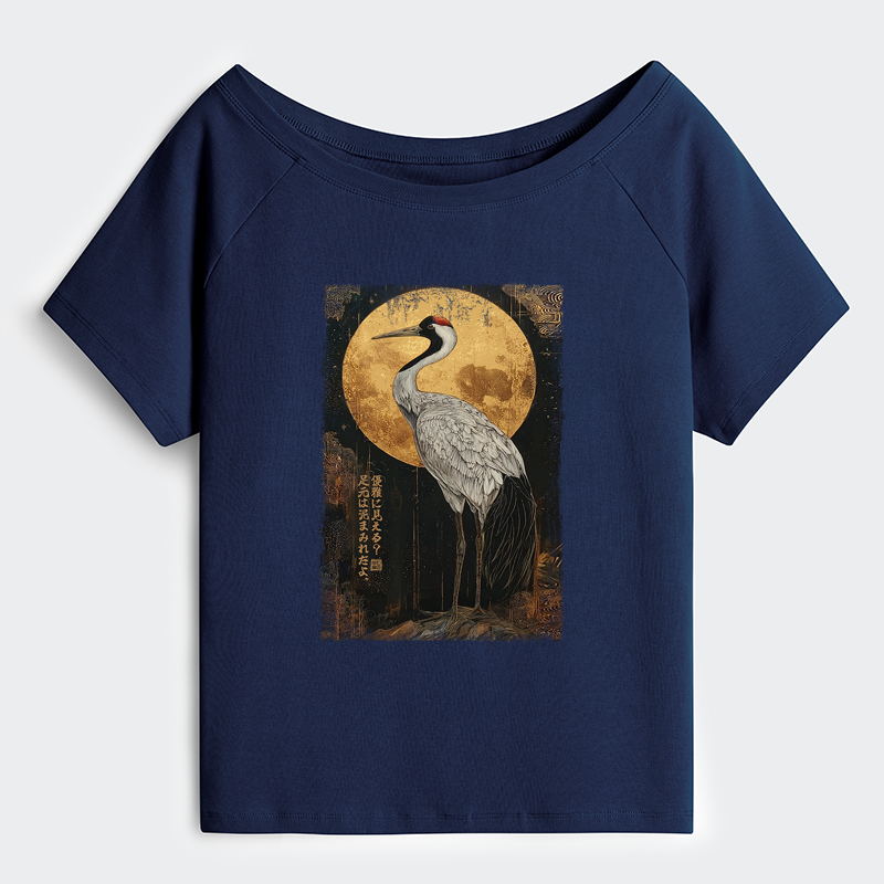 Tokyo-Tiger Vintage Japanese Crane Kanji Off Shoulder T-Shirt