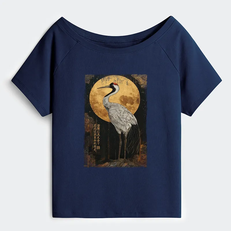 Tokyo-Tiger Vintage Japanese Crane Kanji Off Shoulder T-Shirt