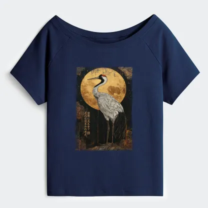 Tokyo-Tiger Vintage Japanese Crane Kanji Off Shoulder T-Shirt