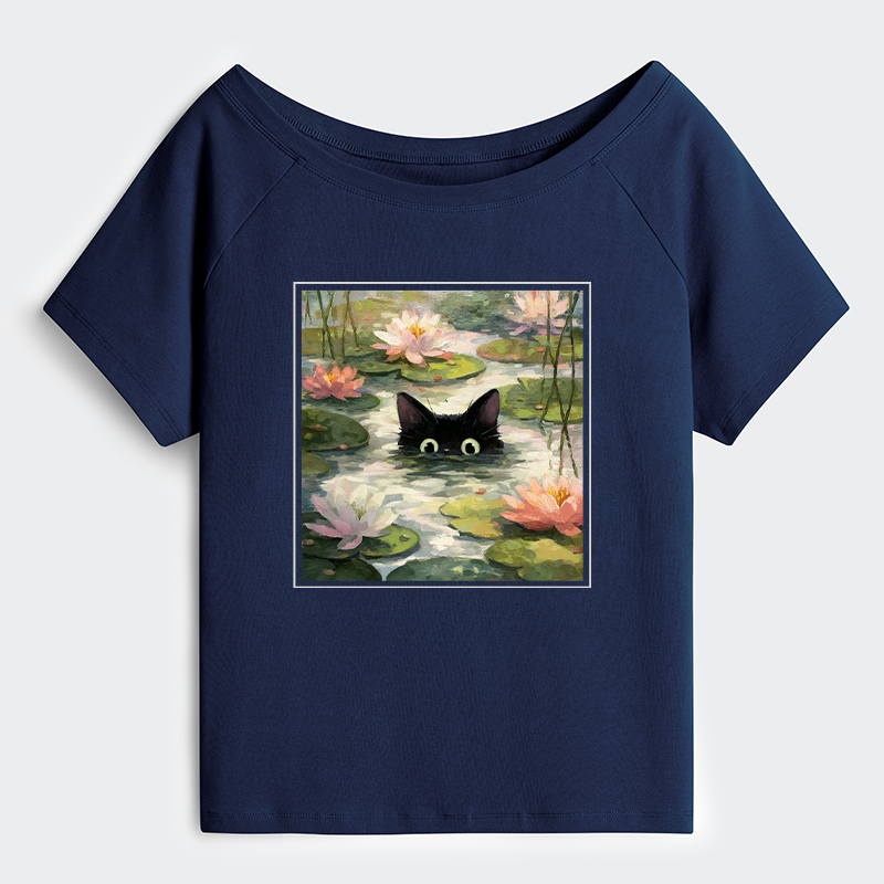 Tokyo-Tiger Black Cat and Lotus Flower Off Shoulder T-Shirt