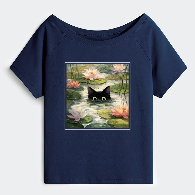 Tokyo-Tiger Black Cat and Lotus Flower Off Shoulder T-Shirt