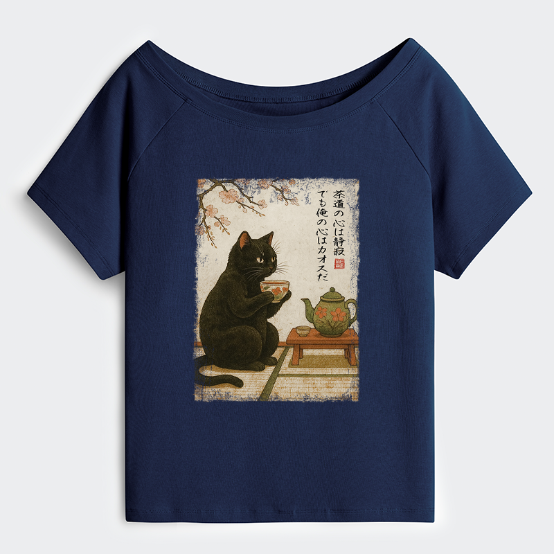 Tokyo-Tiger Tea Time With A Black Cat Off Shoulder T-Shirt