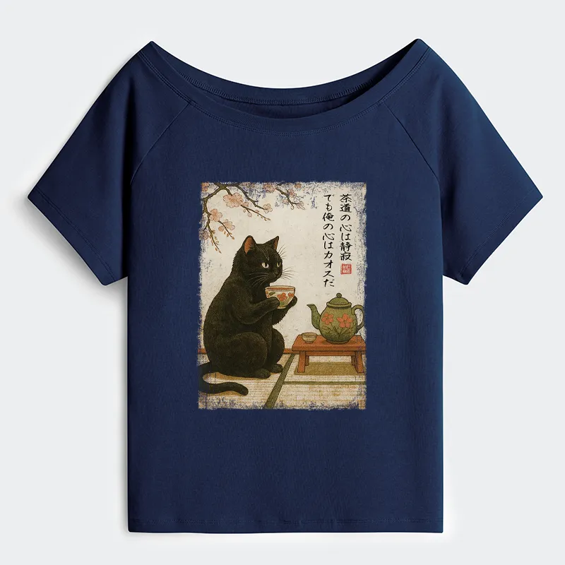 Tokyo-Tiger Tea Time With A Black Cat Off Shoulder T-Shirt