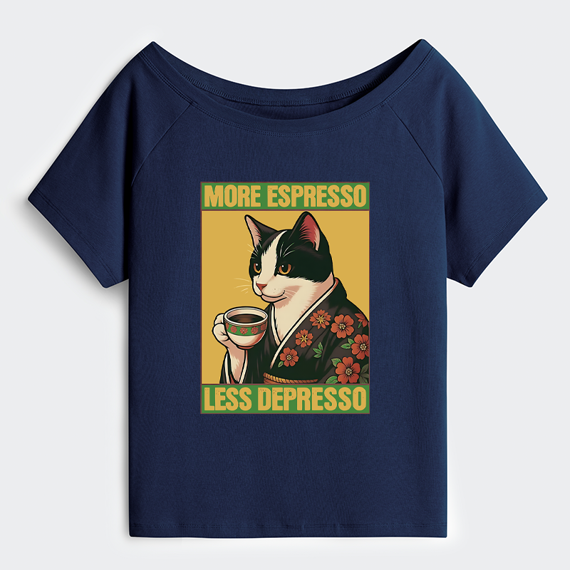 Tokyo-Tiger Tuxedo Cat Drinking Coffee Off Shoulder T-Shirt