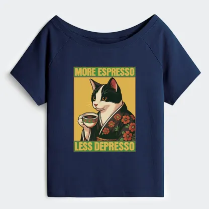 Tokyo-Tiger Tuxedo Cat Drinking Coffee Off Shoulder T-Shirt