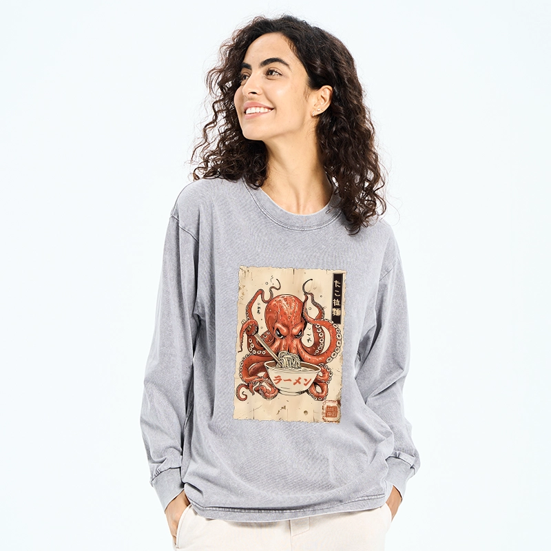 Tokyo-Tiger Retro Octopus Eating Ramen Washed Long Sleeve T-Shirt