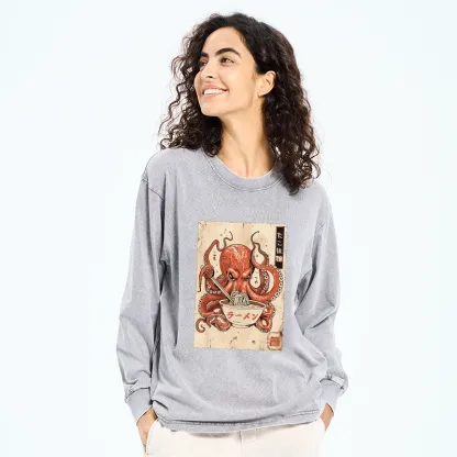 Tokyo-Tiger Retro Octopus Eating Ramen Washed Long Sleeve T-Shirt