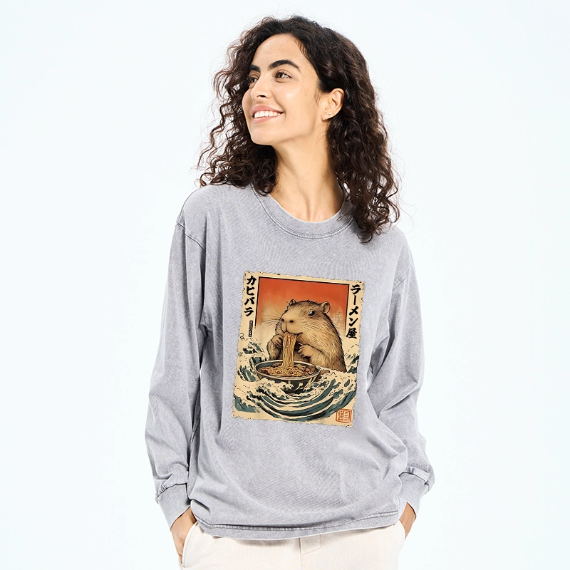 Tokyo-Tiger Hamster Eating Ramen Washed Long Sleeve T-Shirt