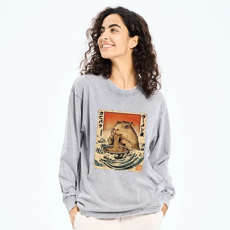 Tokyo-Tiger Hamster Eating Ramen Washed Long Sleeve T-Shirt