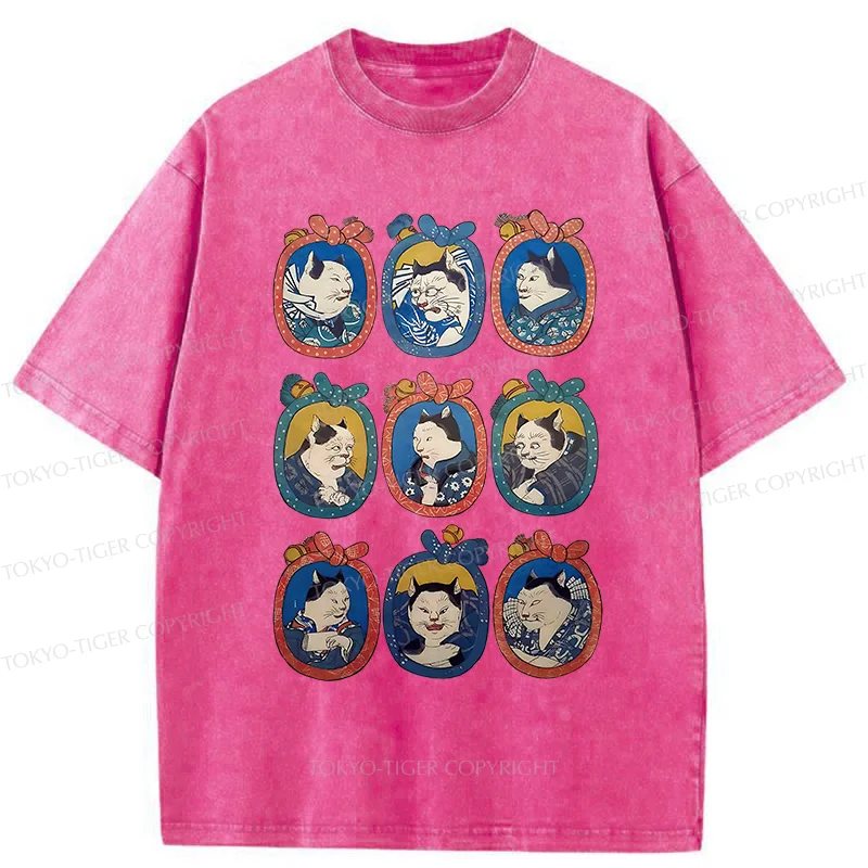Tokyo-Tiger Ukiyo-e Cat Portrait Washed T-Shirt