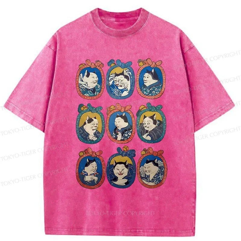 Tokyo-Tiger Ukiyo-e Cat Portrait Washed T-Shirt