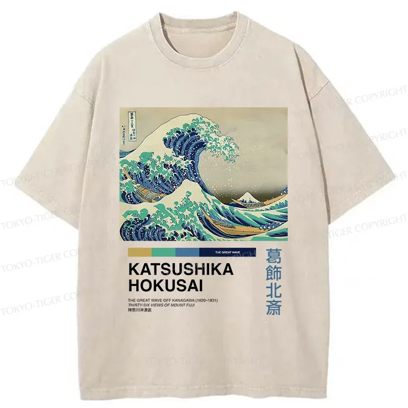 Tokyo-Tiger Japanese Ukiyo-e Waves Washed T-Shirt Sale