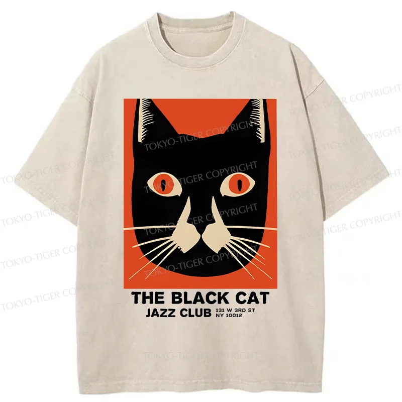 Tokyo-Tiger Minimalist Black Cat Washed T-Shirt