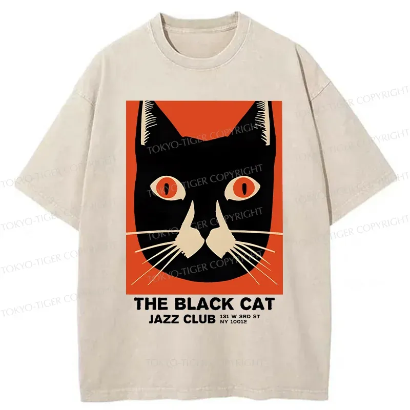 Tokyo-Tiger Minimalist Black Cat Washed T-Shirt