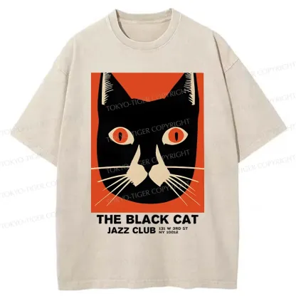 Tokyo-Tiger Minimalist Black Cat Washed T-Shirt