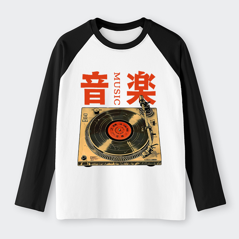 Tokyo-Tiger Retro Music Record Player Raglan Long Sleeve T-shirt