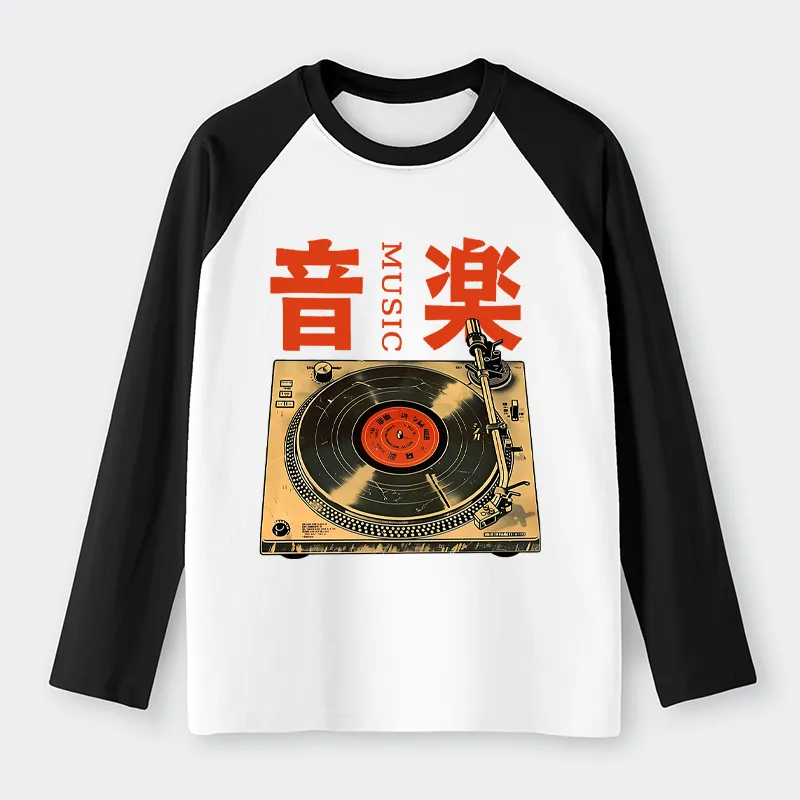 Tokyo-Tiger Retro Music Record Player Raglan Long Sleeve T-shirt