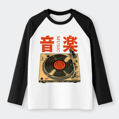 Tokyo-Tiger Retro Music Record Player Raglan Long Sleeve T-shirt