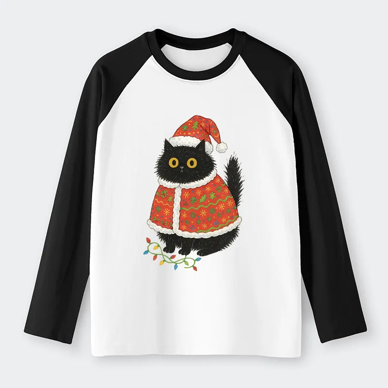 Tokyo-Tiger Cat Wearing Santa Hat Raglan Long Sleeve T-shirt