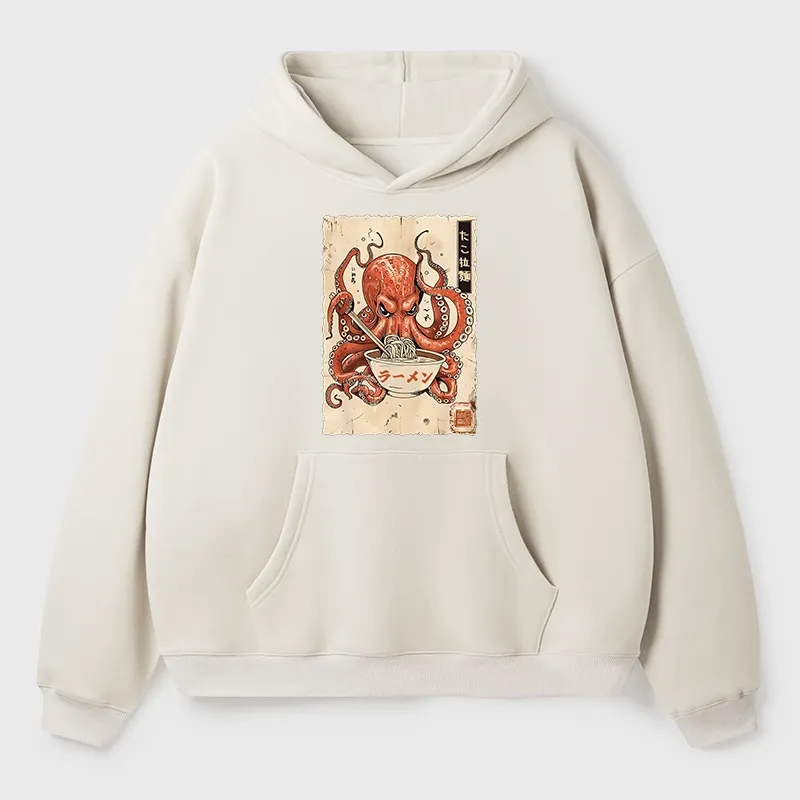 Tokyo-Tiger Retro Octopus Eating Ramen Aldult Fleece Hoodie