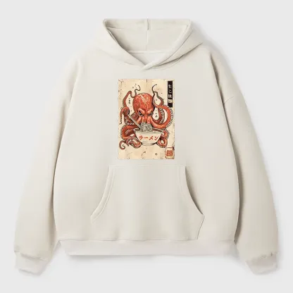 Tokyo-Tiger Retro Octopus Eating Ramen Aldult Fleece Hoodie