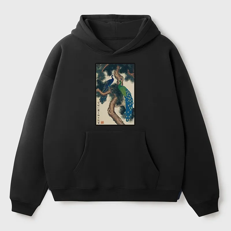 Tokyo-Tiger Peacocks in Snowy Pines Aldult Fleece Hoodie