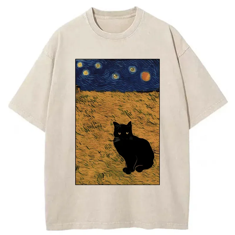 Tokyo-Tiger Cat In The Field Under Starry Sky Washed T-Shirt